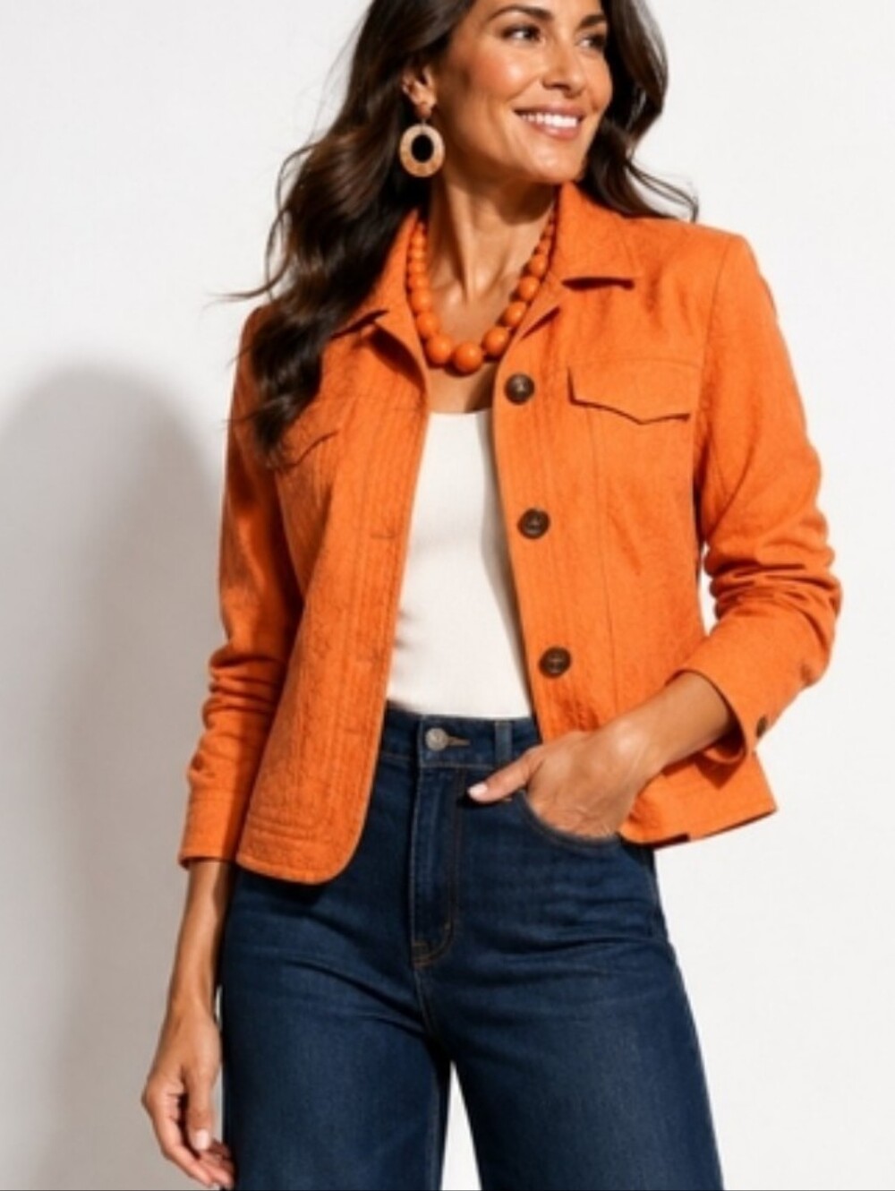 Coldwater Creek Orange Textured Floral Jacquard Jacket Blazer Size 14 - EUC